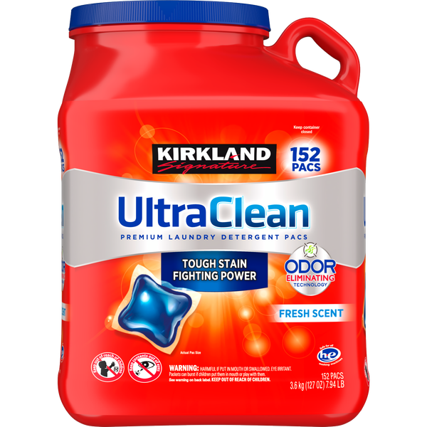 Kirkland Signature Pacs Laundry Detergent, Ultra Clean, HE Compatible, Fresh Scent, 152 ct