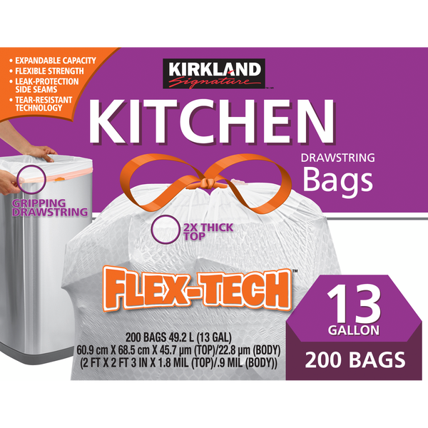 Kirkland Signature Kitchen Drawstring Trash Bags, Flex-Tech, White, 13 Gallon, 200 ct