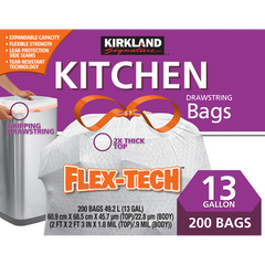 Kirkland Signature Kitchen Drawstring Trash Bags, Flex-Tech, White, 13 Gallon, 200 ct