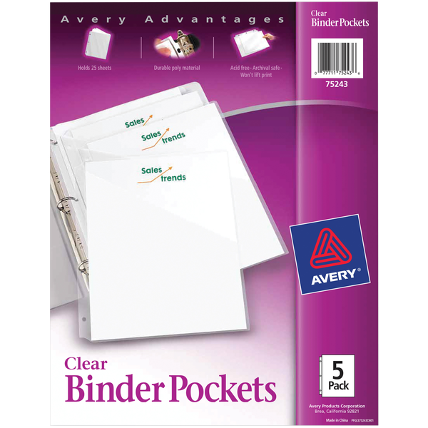 Avery Binder Pocket, 9.25" x 11", Clear, 30 ct