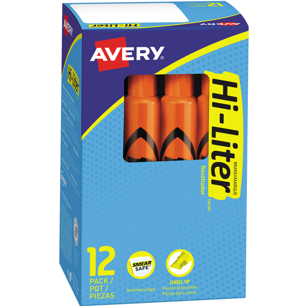 Avery Hi-Liter Tank Highlighter, Chisel Tip, Orange, 24 ct