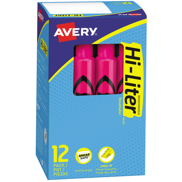 Avery Hi-Liter Tank Highlighter, Chisel Tip, Pink, 24 ct