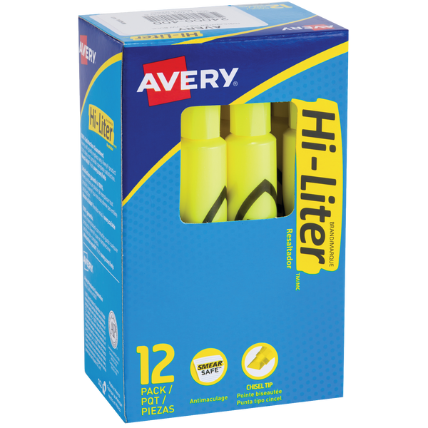 Avery Hi-Liter Tank Highlighter, Chisel Tip, Yellow, 24 ct