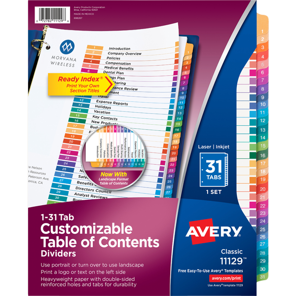 Avery Ready Index Durable Table of Contents Dividers, White with Assorted Color Tabs, 1-31 Tab Set, 3 Sets