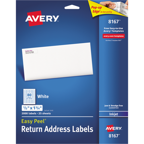 Avery Easy Peel Return Address Labels with Sure Feed, Inkjet, White, 1/2" x 1-3/4", 4000 Labels