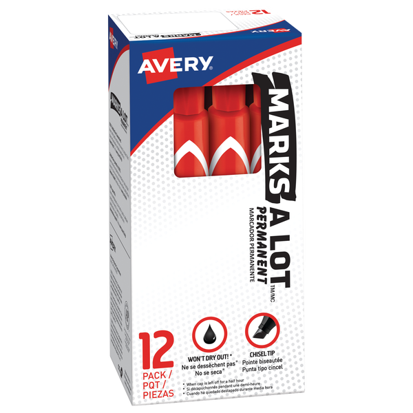 Avery Marks-A-Lot Permanent Marker, Large Chisel Tip, Red, 24 ct