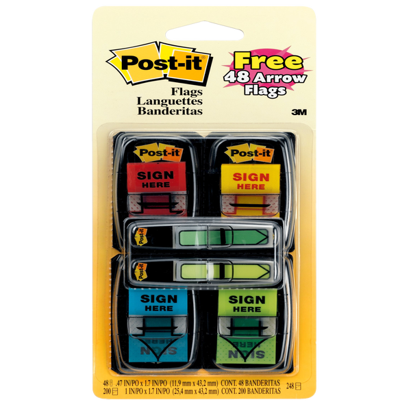 Post-it "Sign Here" Flags in Dispenser, Assorted Colors, 1" x 1-3/4", Bonus Arrow Flags, 496 Flags