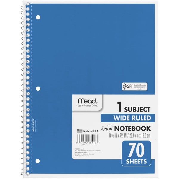 Mead 1-Subject Spiral Notebook, Wide Ruled, Assorted Colors, 10-1/2" x 7-1/2", 70 Sheets, 12 ct