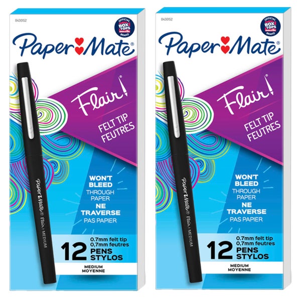 Paper Mate Flair Felt Tip Pen, Medium Point 0.7mm, Black Ink, 24 ct