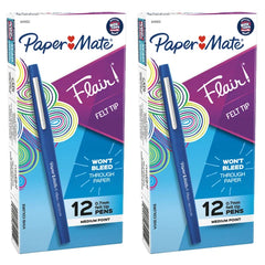 Paper Mate Flair Felt Tip Pen, Medium Point 0.7mm, Blue Ink, 24 ct