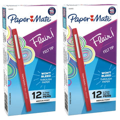 Paper Mate Flair Felt Tip Pen, Medium Point 0.7mm, Red Ink, 24 ct