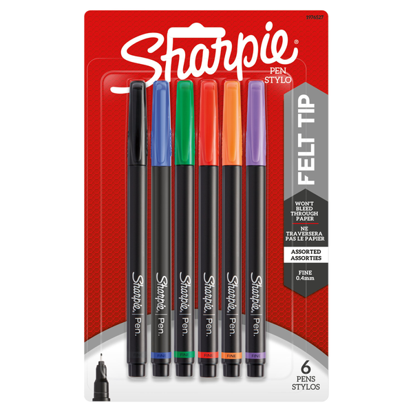 Sharpie Felt Tip Pen, Fine Point 0.4 mm, Assorted Ink Colors, 6 ct