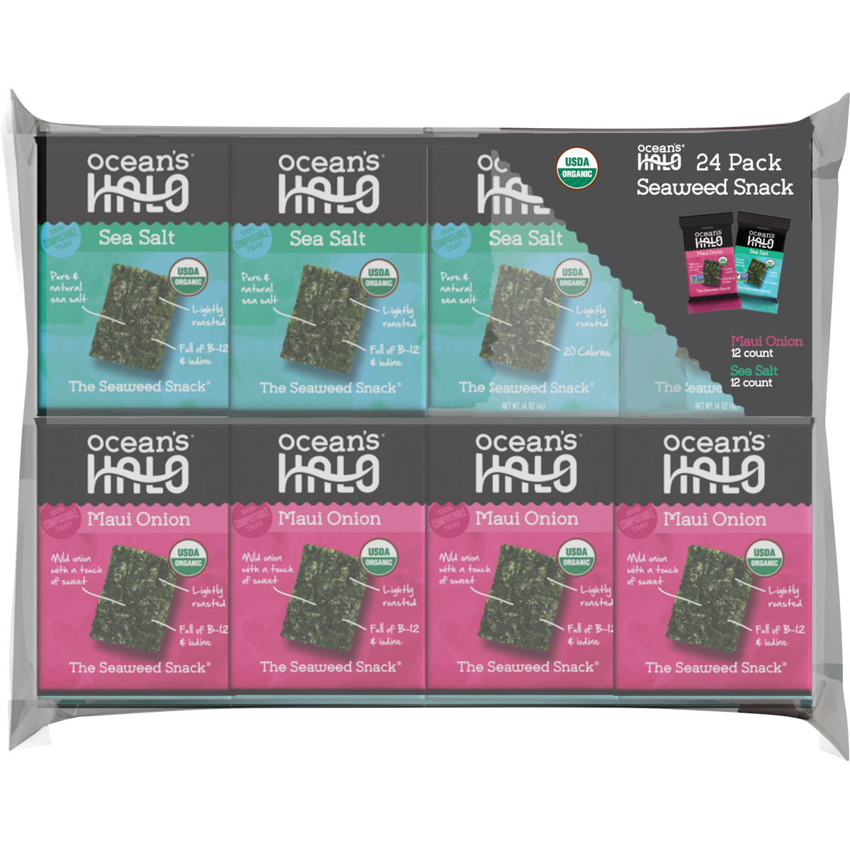 Ocean's Halo Organic Seaweed Snack, Variety Pack, 0.14 oz, 24 ct