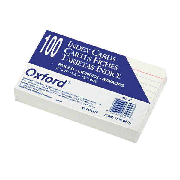 Oxford Ruled Index Cards, White, 3" x 5", 100 Cards