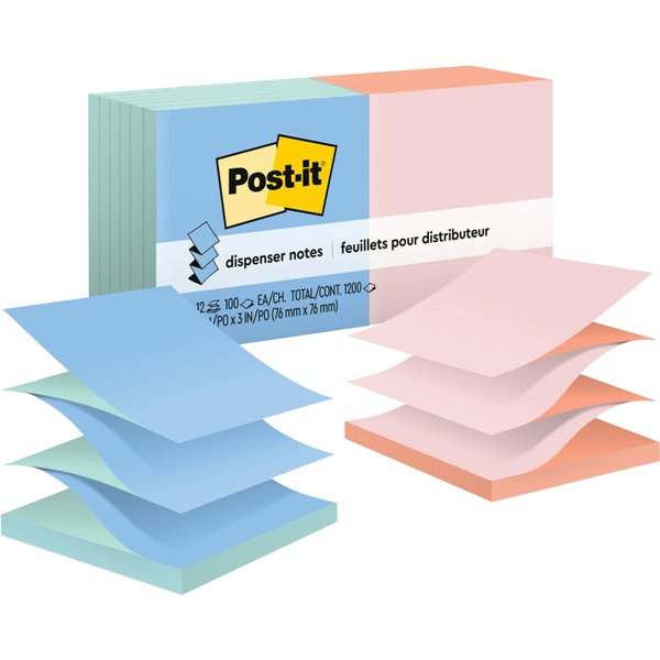 Post-it Dispenser Pop-up Notes, 3" x 3", Alternating Pastel Colors, 100 Sheets, 12 Pads