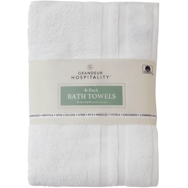 Grandeur Hospitality 100% Cotton Bath Towels, White, 6 ct