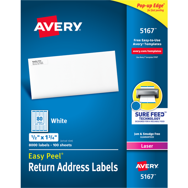 Avery Easy Peel Return Address Labels with Sure Feed, Laser, White, 1/2" x 1-3/4", 8000 Labels