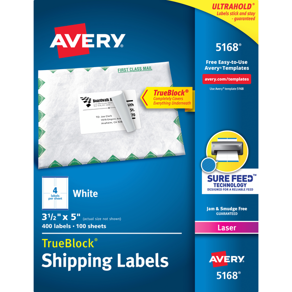 Avery TrueBlock Shipping Labels with Sure Feed, Laser, White, 3-1/2" x 5", 400 Labels