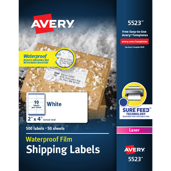 Avery WeatherProof Shipping Labels with TrueBlock & Sure Feed, Laser, White, 2" x 4", 500 Labels