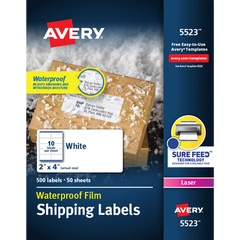 Avery WeatherProof Shipping Labels with TrueBlock & Sure Feed, Laser, White, 2" x 4", 500 Labels