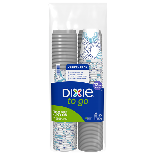 Dixie To Go Insulated Paper Hot or Cold Cups & Lids, Variety Pack, 12 oz, 100 ct