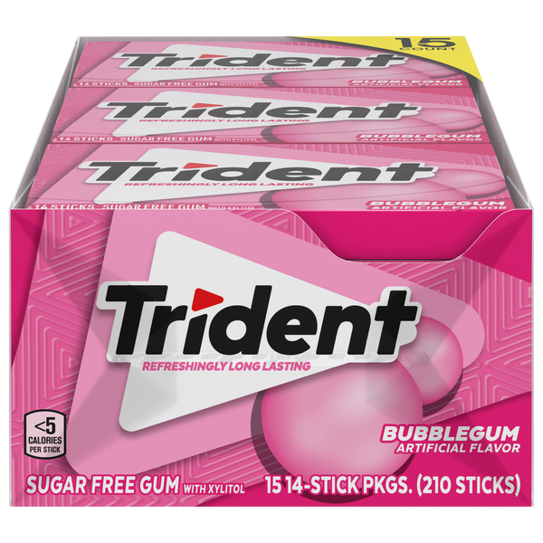 Trident Sugar Free Gum, Bubblegum, 14 Pieces, 15 ct