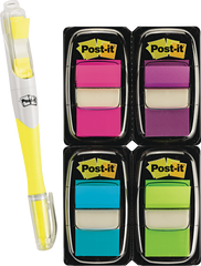 Post-it Flags in Dispenser, Assorted Colors, 1" x 1-3/4", Bonus Highlighter Pen, 200 ct