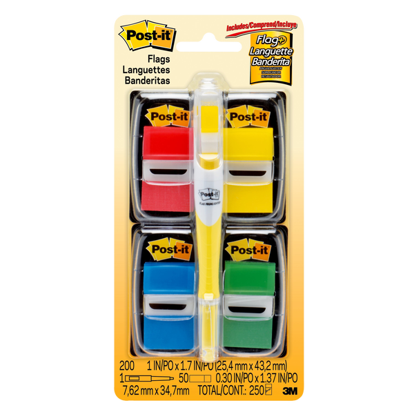 Post-it Flags in Dispenser, Assorted Colors, 1" x 1-3/4", Bonus Highlighter Pen, 225 ct