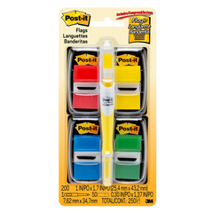 Post-it Flags in Dispenser, Assorted Colors, 1" x 1-3/4", Bonus Highlighter Pen, 225 ct