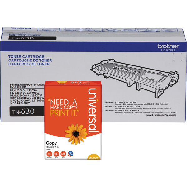 Brother BRTTN630 Toner Cartridge, Standard Yield, Black, 2 pk with Bonus Ream of Paper