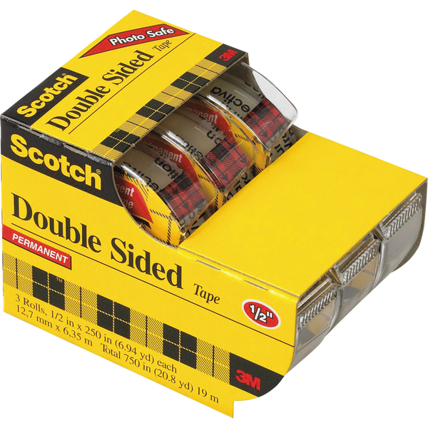 Scotch Double Sided Tape with Dispenser, 1/2" x 250", Clear, 3 ct