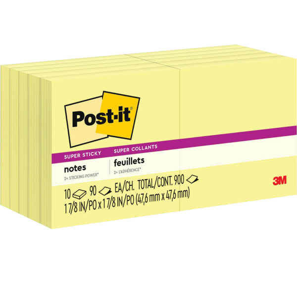 Post-it Super Sticky Notes, 1-7/8" x 1-7/8", Canary Yellow, 100 Sheets, 10 Pads