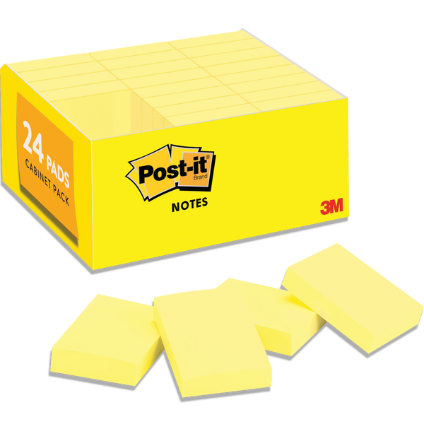 Post-it Notes Value Pack, 1-3/8" x 1-7/8", Canary Yellow, 100 Sheets, 24 Pads