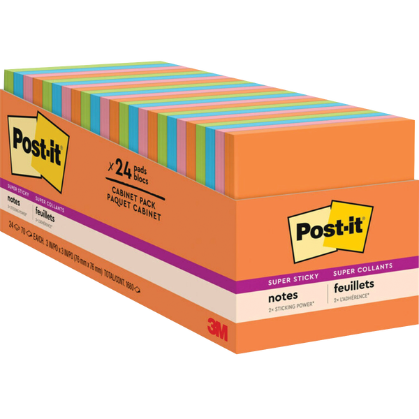 Post-it Super Sticky Notes, 3" x 3", Energy Boost Collection, 70 Sheets, 24 Pads