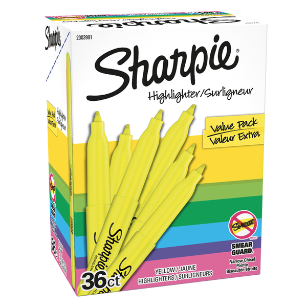 Sharpie Pocket Highlighter, Chisel Tip, Fluorescent Yellow, 36 ct