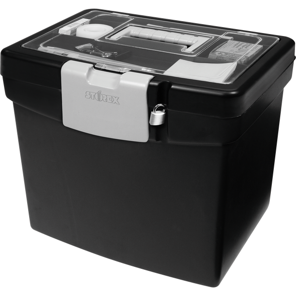 Storex Portable File Box with Organizer Lid, 13-1/4"W x 10-7/8"D x 11"H, Black