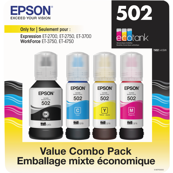 Epson 502 EcoTank Ink Bottles, Ultra-High, Cyan/Magenta/Yellow/Black, 4 pk