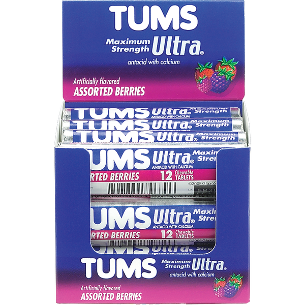 TUMS Ultra Antacid with Calcium, Maximum Strength, Assorted Berries, 12 ct