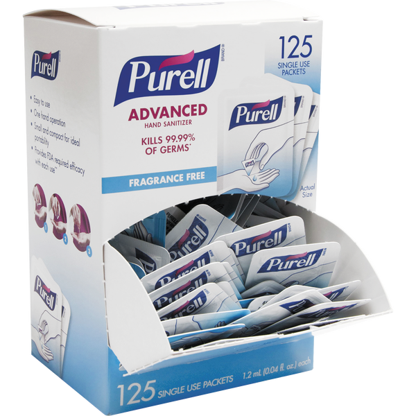 Purell Advanced Hand Sanitizer Gel Packets, Unscented, 0.04 fl oz, 125 ct