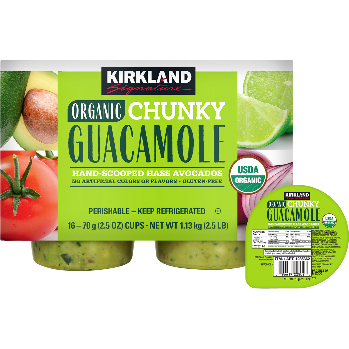 Kirkland Signature Organic Chunky Guacamole, 2.5 oz, 16 ct