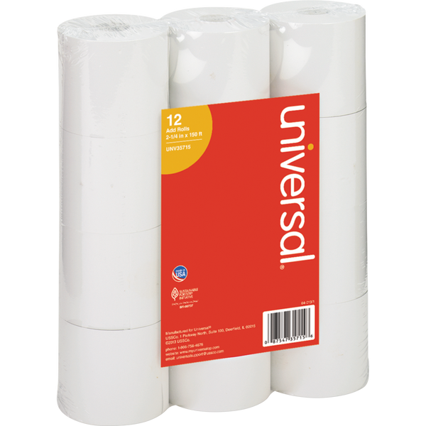 Universal POS/Cash Register Paper Rolls, White, 2-1/4" x 150', 12 Rolls