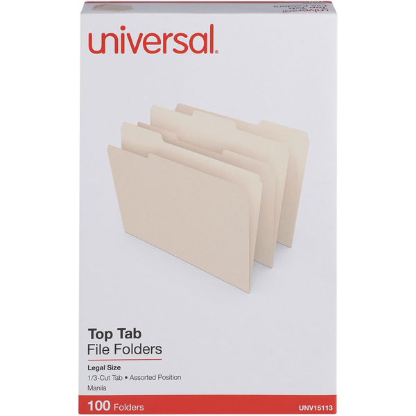 Universal Top Tab File Folder, Legal, 1/3 Cut Tab, Manila, 100 ct