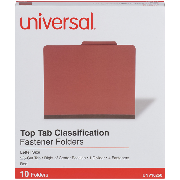 Universal Pressboard Classification Folder, 1 Divider, 2" Expansion, Letter, Red, 10 ct