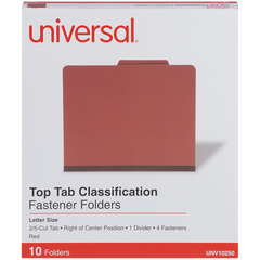 Universal Pressboard Classification Folder, 1 Divider, 2" Expansion, Letter, Red, 10 ct