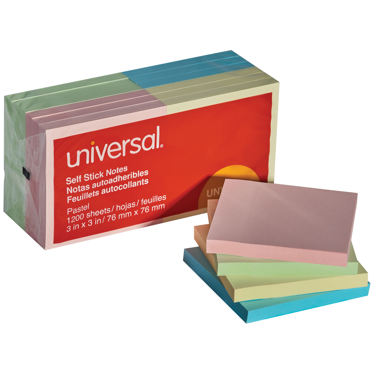 Universal Self-Stick Notes, Assorted Pastel Colors, 3" x 3", 100 Sheets, 12 Pads