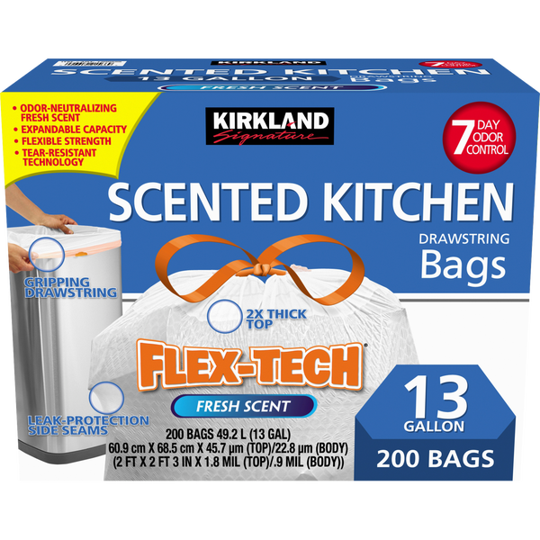 Kirkland Signature Scented Kitchen Drawstring Trash Bags, Flex-Tech, White, Fresh Scent, 13 Gallon, 200 ct