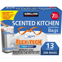 Kirkland Signature Scented Kitchen Drawstring Trash Bags, Flex-Tech, White, Fresh Scent, 13 Gallon, 200 ct