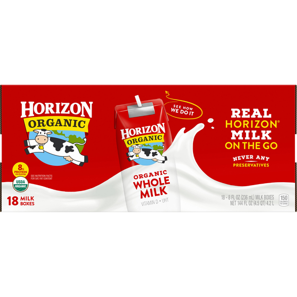 Horizon Organic Whole Milk, 8 fl oz, 18 ct