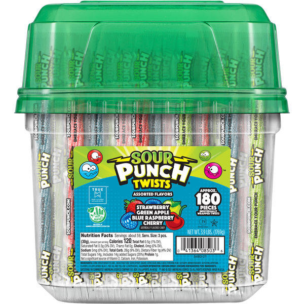 Sour Punch Twists, 6" Individually Wrapped Candy, Assorted Flavors, 180 ct