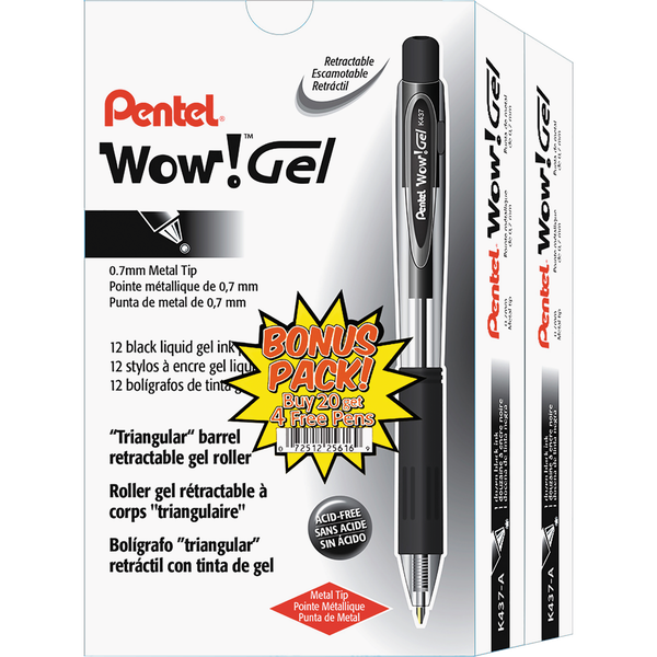 Pentel WOW! Retractable Gel Pen, Medium Point 0.7mm, Black Ink, 24 ct